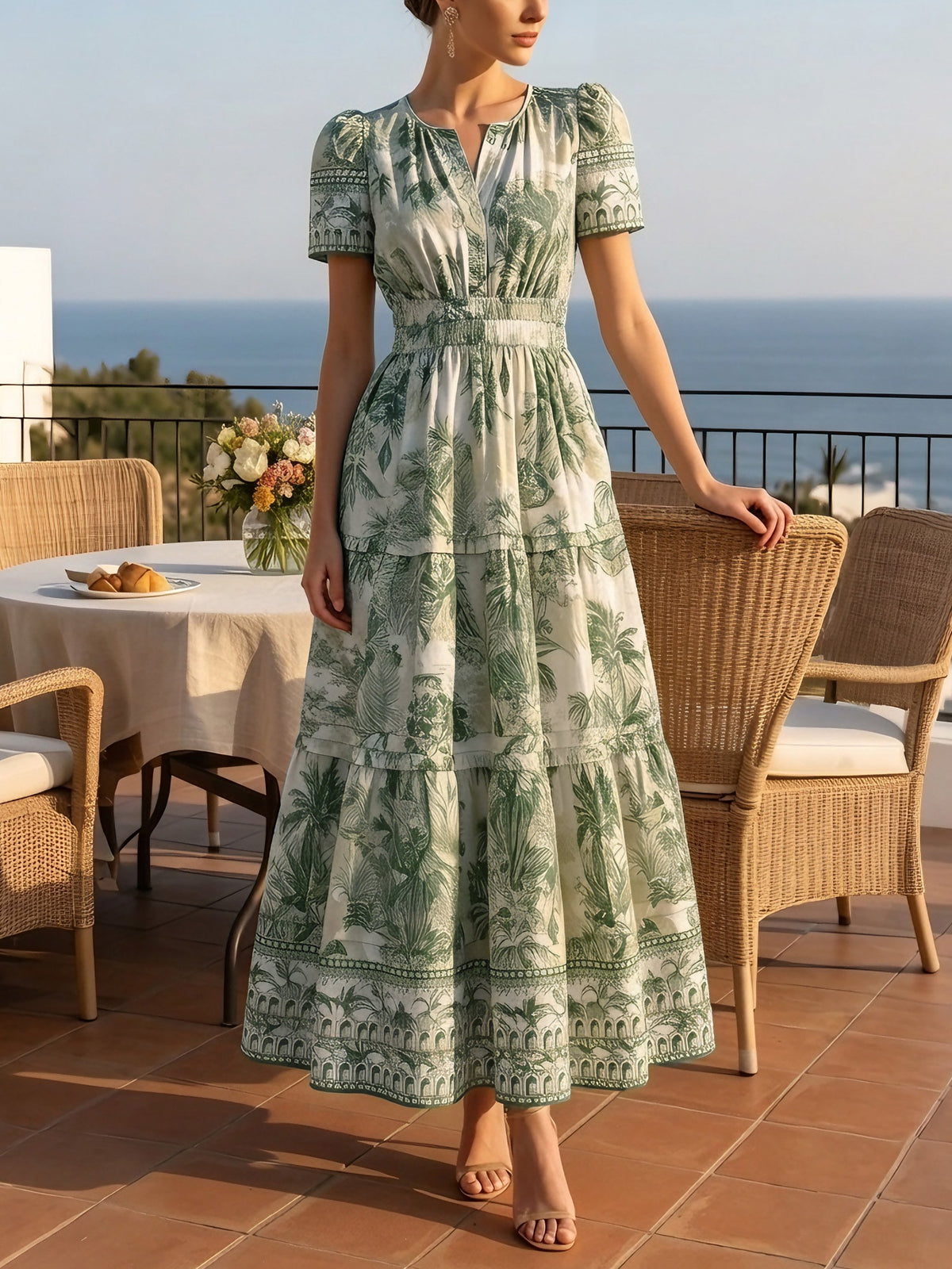 Maxi Cotton Dress, Short Sleeves, V Neck, Floral, Vacation, Vintage, Green