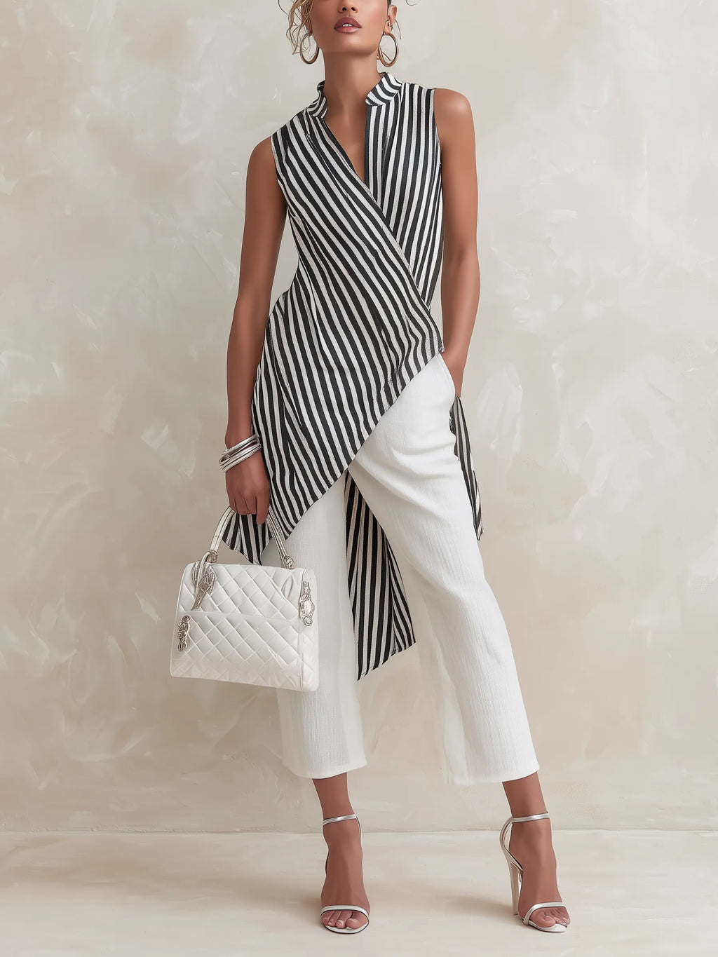 Black & White Striped Asymmetric Wrap Top & White Culottes Set