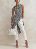 Black & White Striped Asymmetric Wrap Top & White Culottes Set