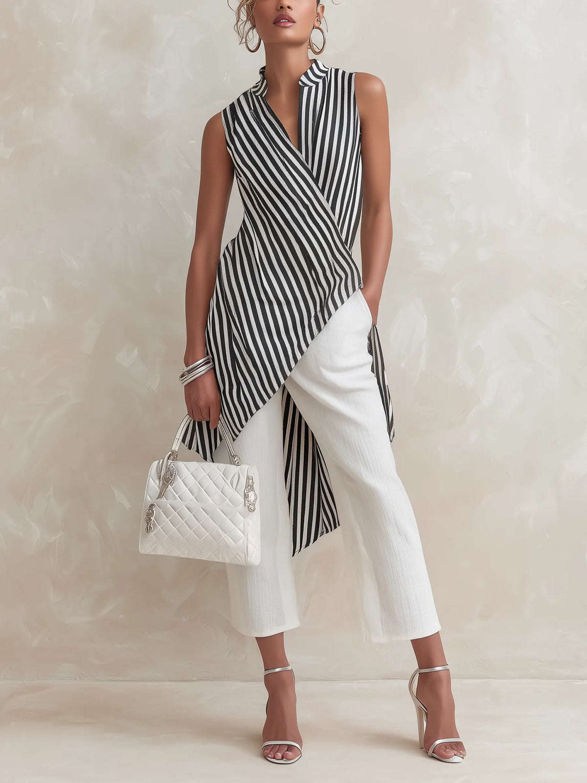 Black & White Striped Asymmetric Wrap Top & White Culottes Set
