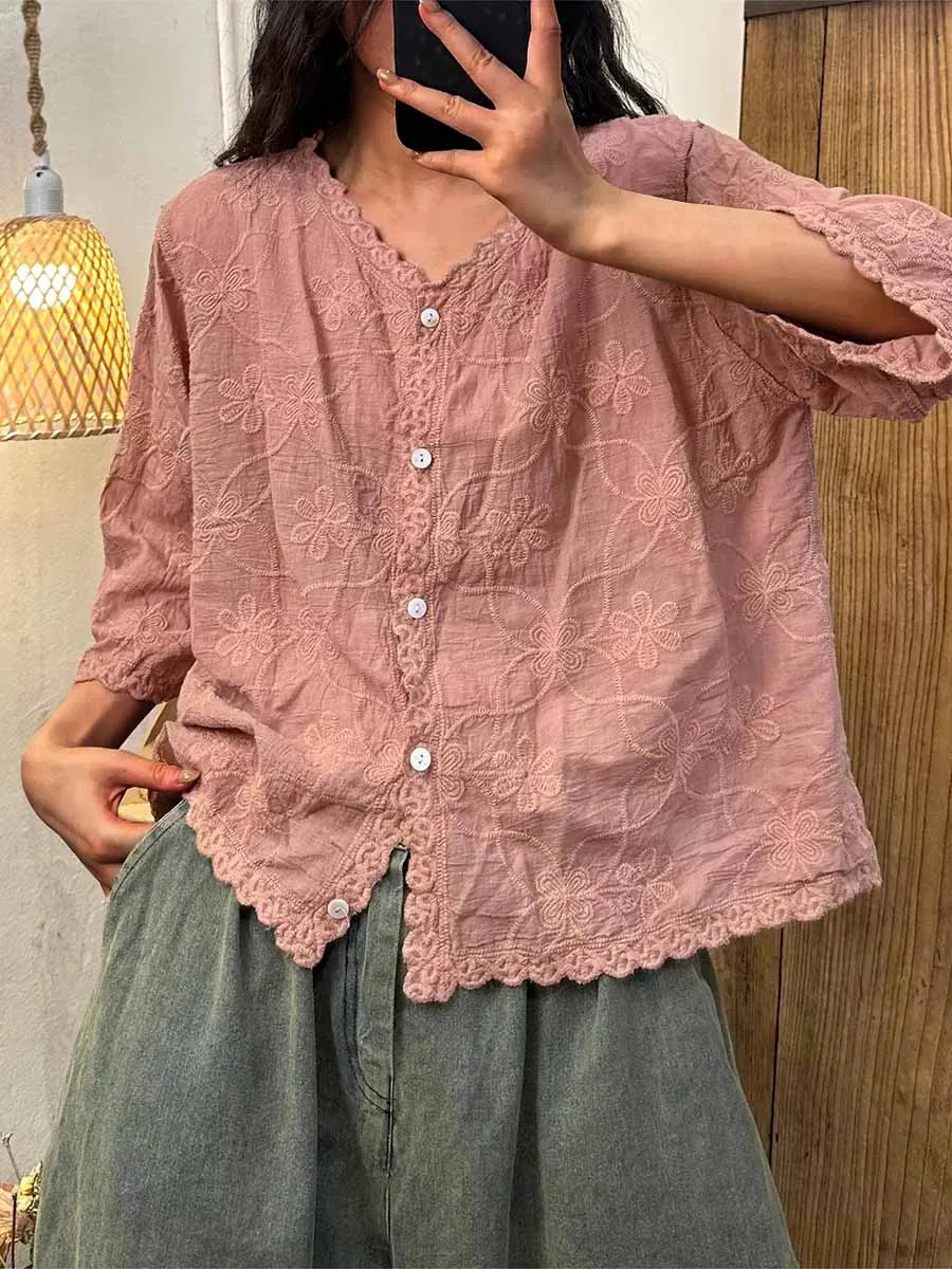 Women's V-neck Half Sleeve Embroidered Cardigan Buttoned Casual Linen Top