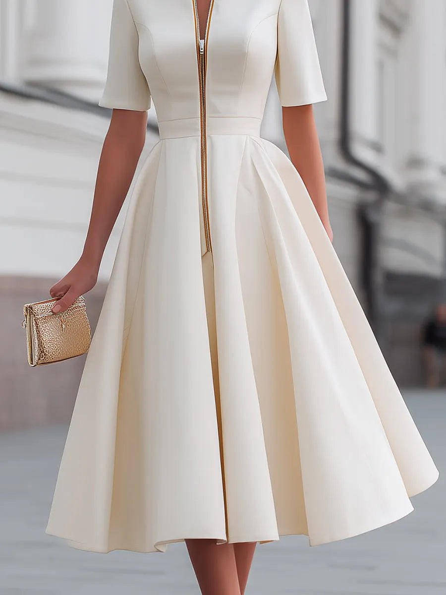 Short Sleeve Zip-Front Fit And Flare Midi Dress