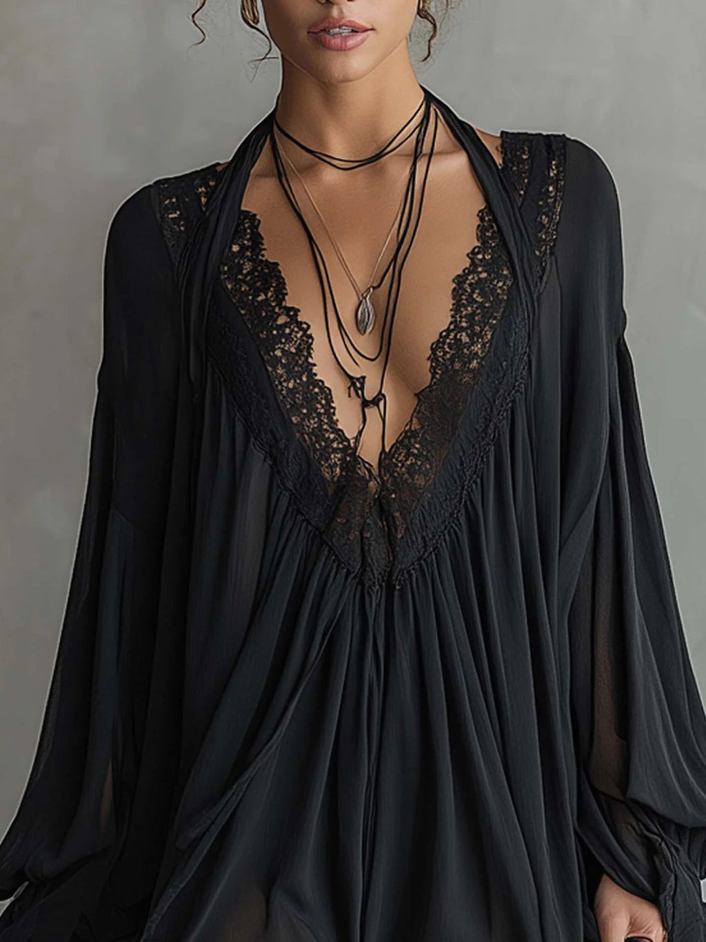 Black Chiffon Halter Mini Dress With Lace Neckline