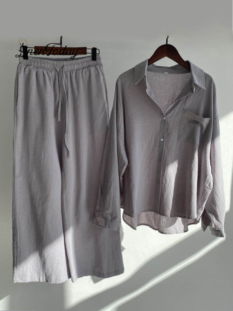 Women's Solid Color Loose Elegant High Waist Casual Cotton And Linen Suit