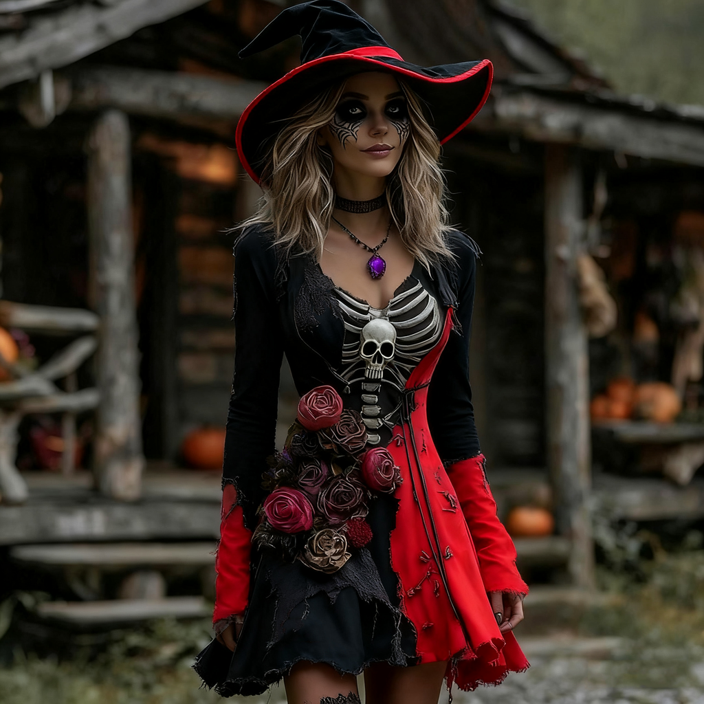 Women's Halloween Rose Skeleton Witch Cosplay Midi Dress