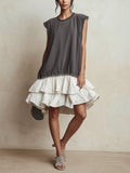 Contrast Raw Edge Tiered Ruffle Hem Sleeveless Mini Dress | Color Block Casual Loose Fit Vacation Dress