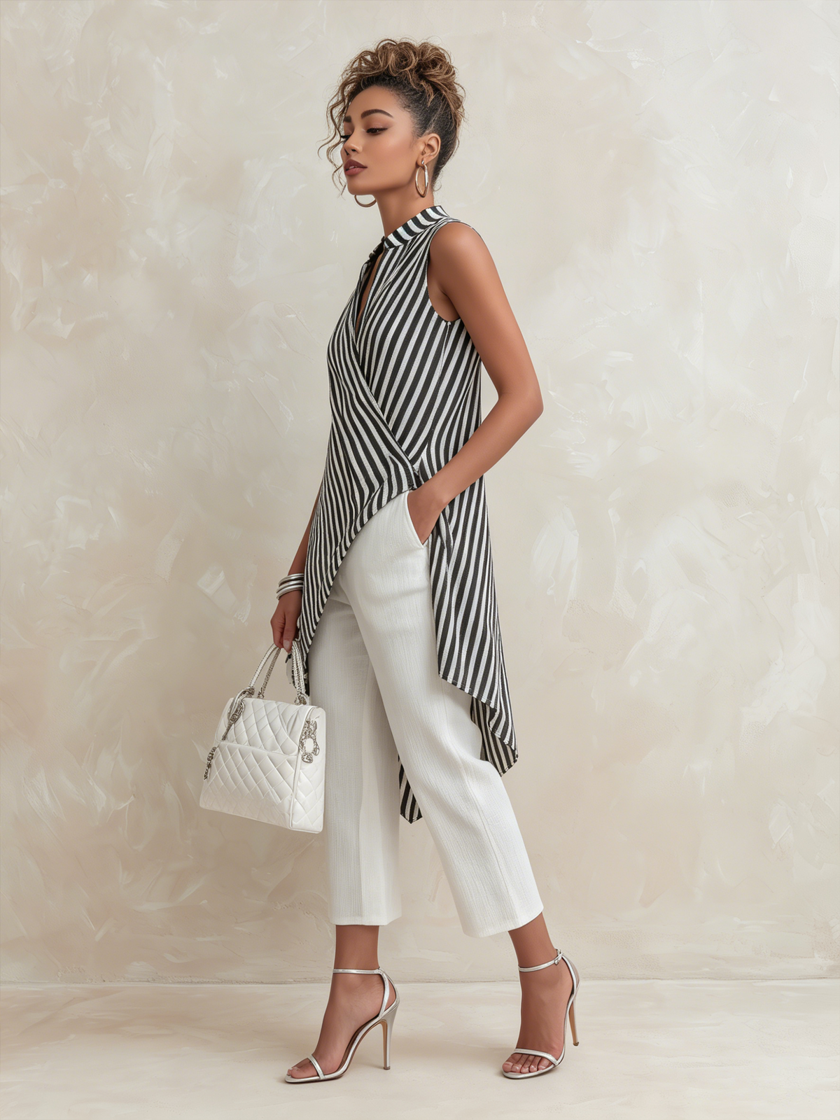 Black & White Striped Asymmetric Wrap Top & White Culottes Set