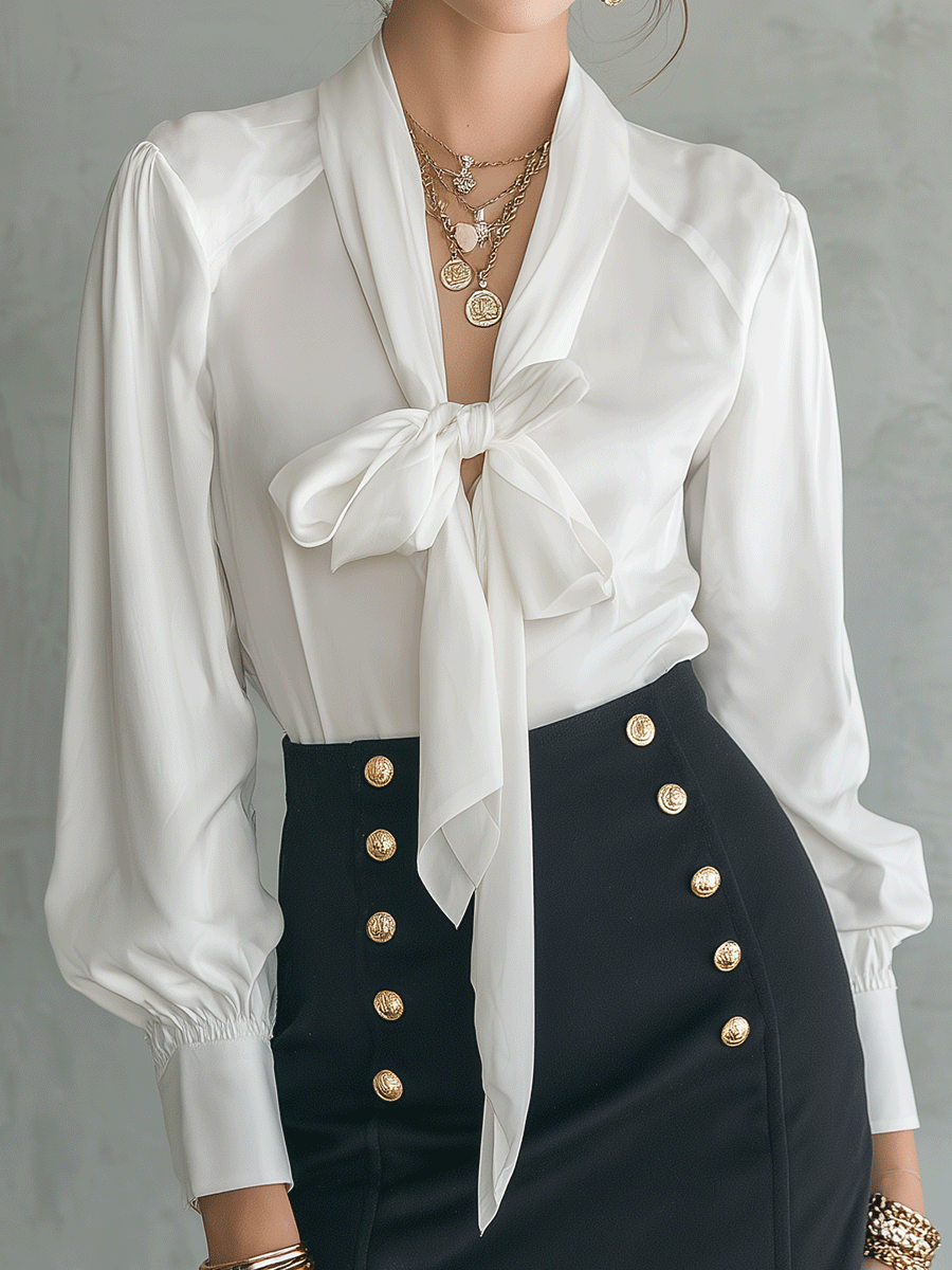 Women's Bow-Tie Satin Blouse & Gold Button Mini Skirt Two-Piece Set