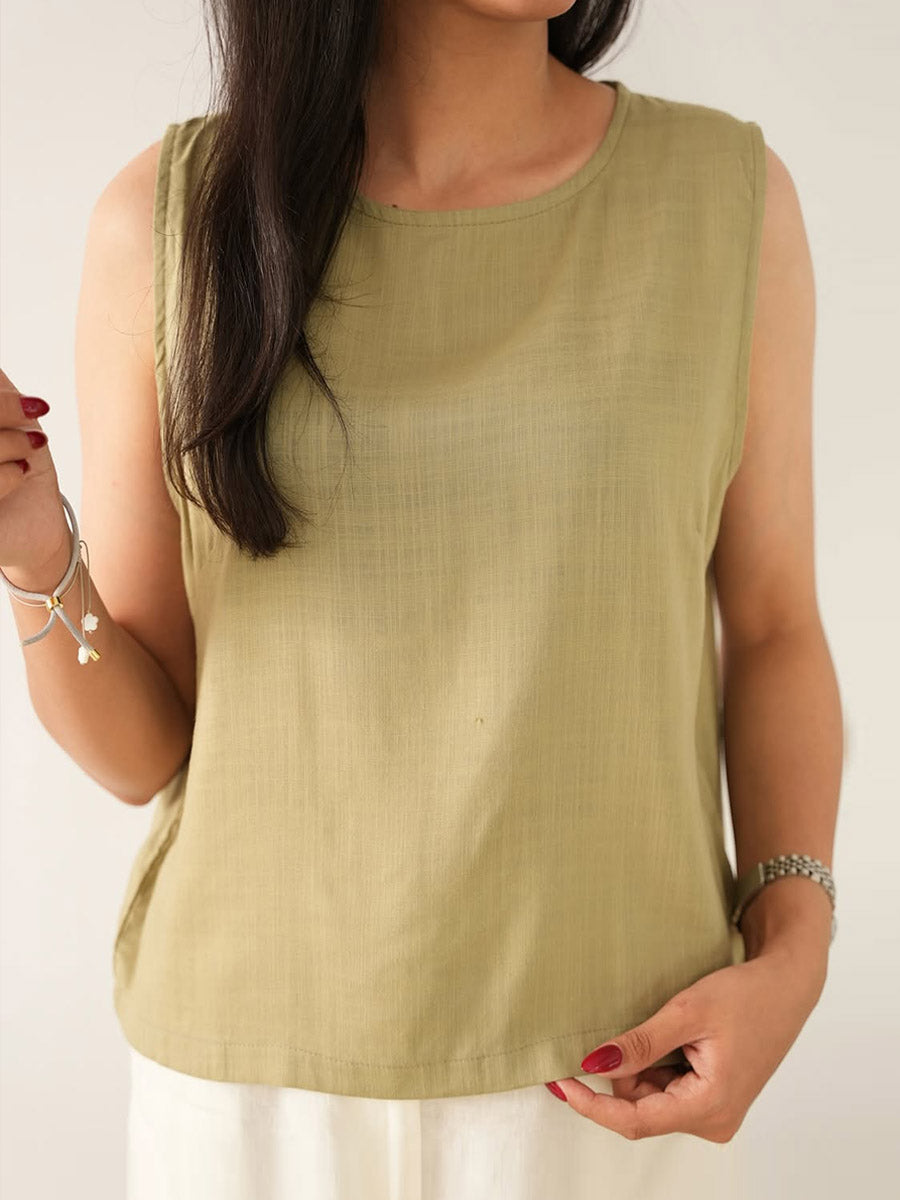 Women's Solid Color Round Neck Sleeveless Casual Linen Vest Top
