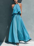 Women¡¯s Sky Blue Chiffon Halter Neck Ruched Contrast Trim Crop Cami Top And High-Waisted Chiffon Flared Trousers Set MDZ1399D9T