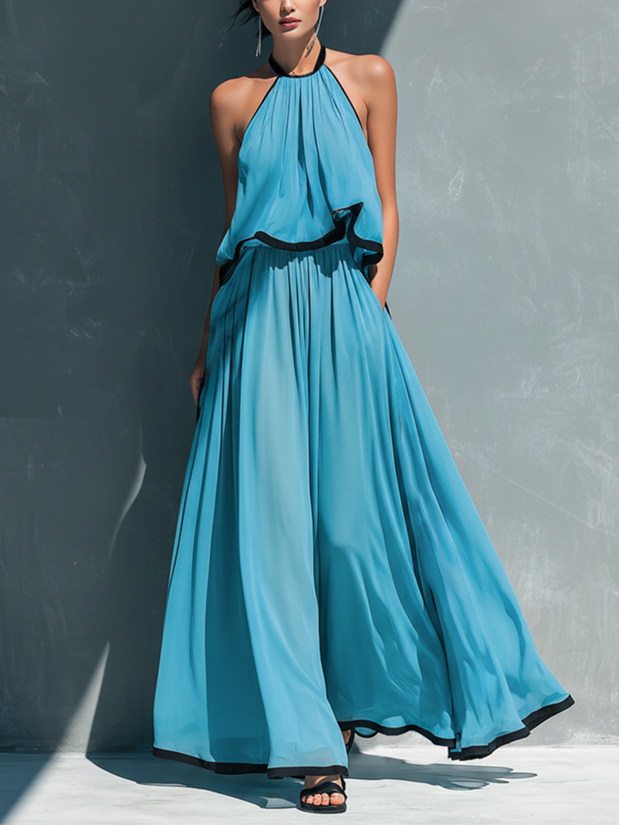 Women¡¯s Sky Blue Chiffon Halter Neck Ruched Contrast Trim Crop Cami Top And High-Waisted Chiffon Flared Trousers Set MDZ1399D9T