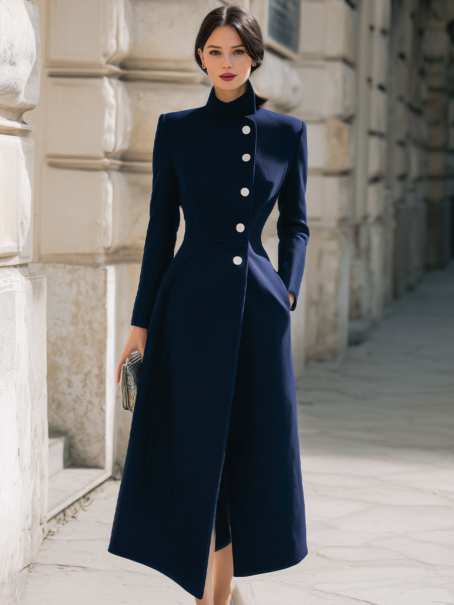 Elegant Navy Stand - Collar Maxi Coat
