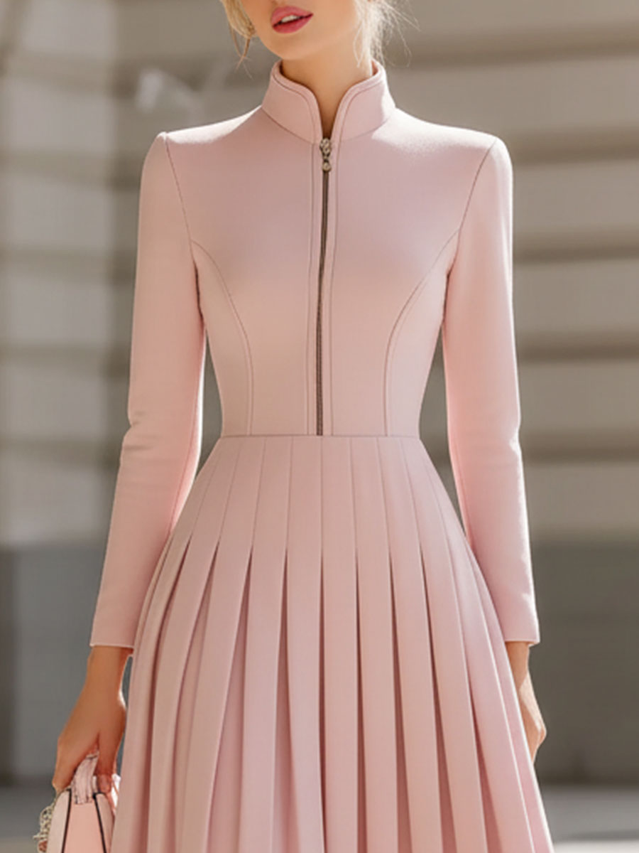 Elegant Blush Pink Pleated Midi Dress With Stand Collar