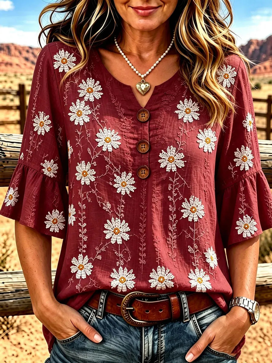 Ladies' Western Style Cotton And Linen Casual Top