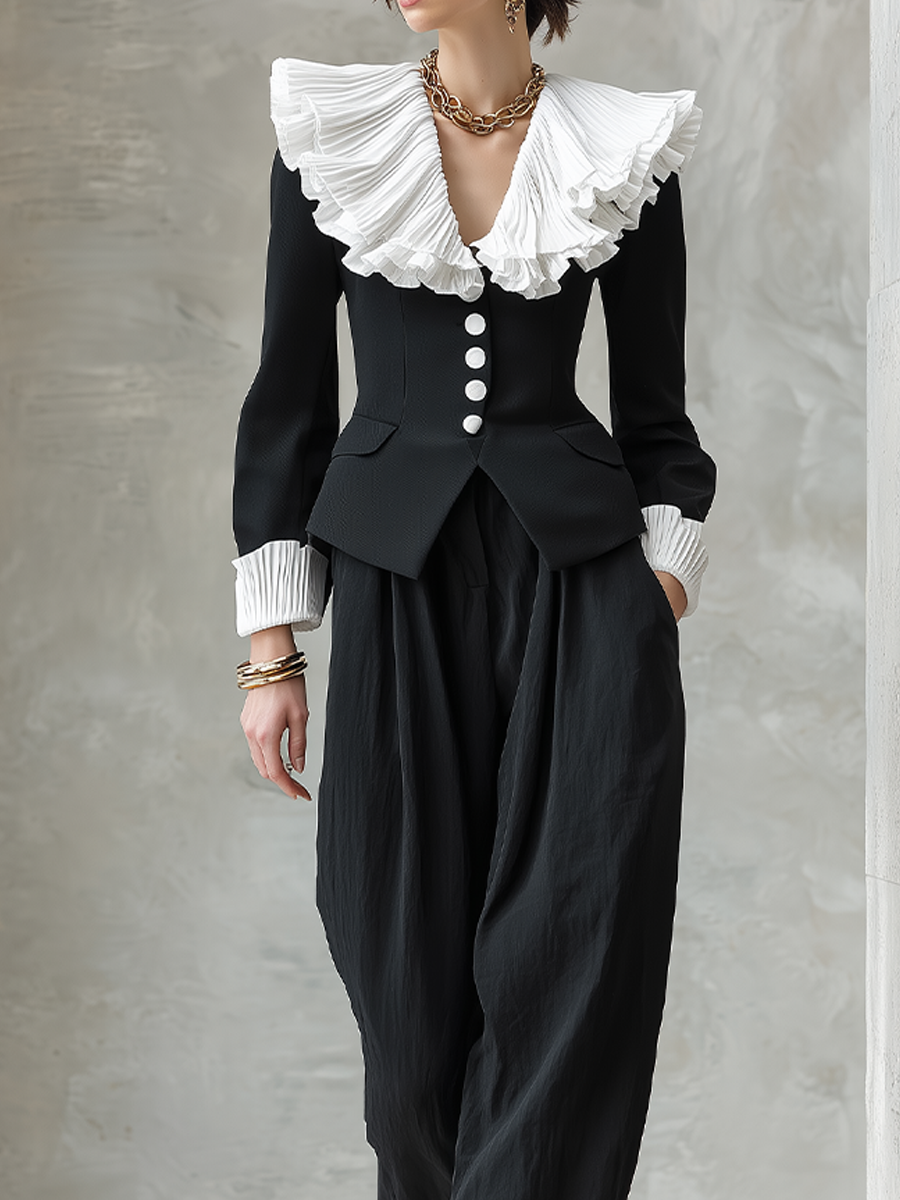 Romantic Black Pleated Ruffle Collar Balloon-Pants Set