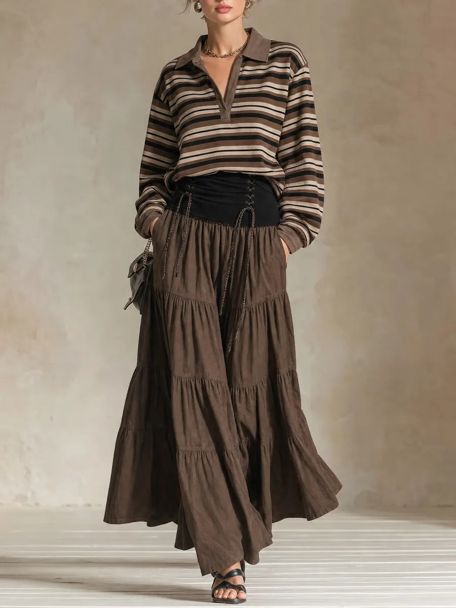 Earthy Boho Striped Polo Top & Tiered Maxi Skirt Set