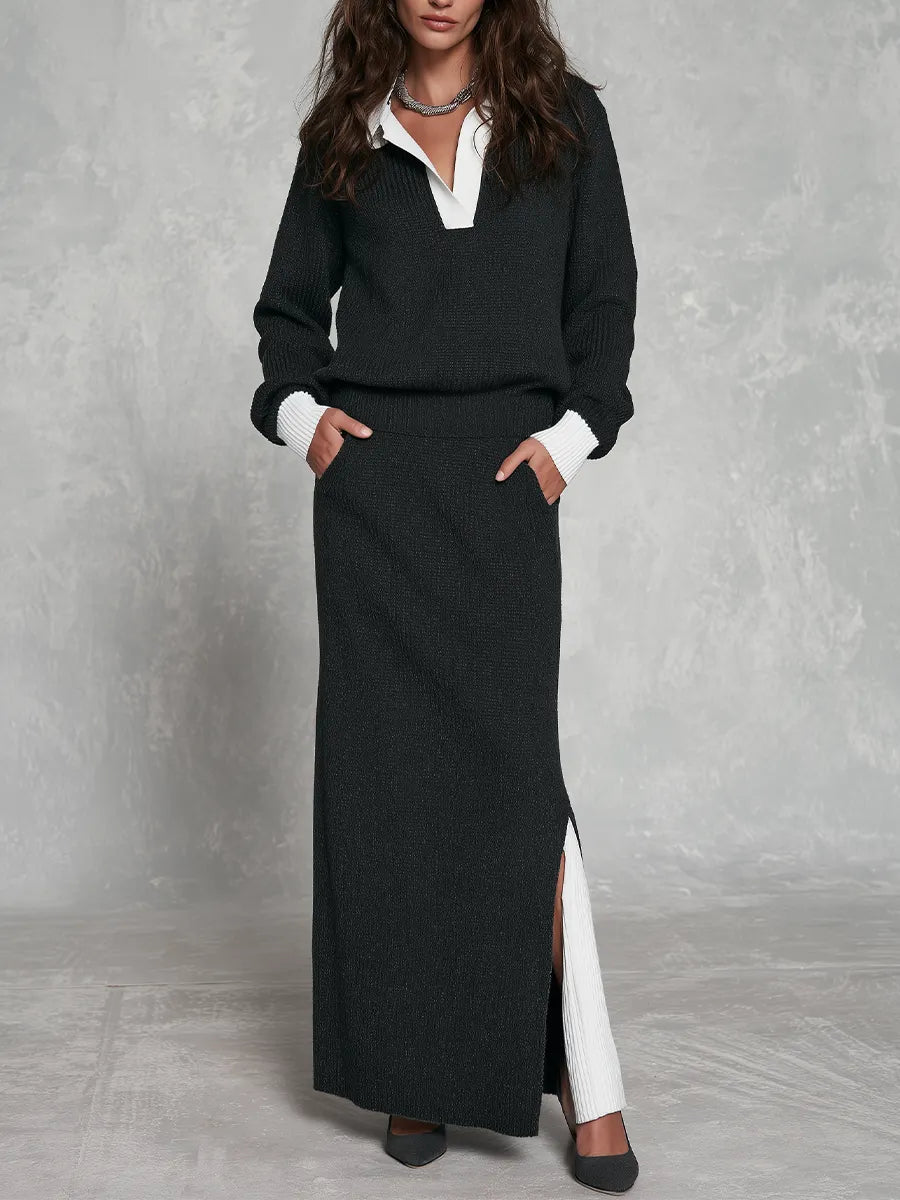 Quiet Luxe Layered-Look Knit Top & Slit Maxi Skirt Set