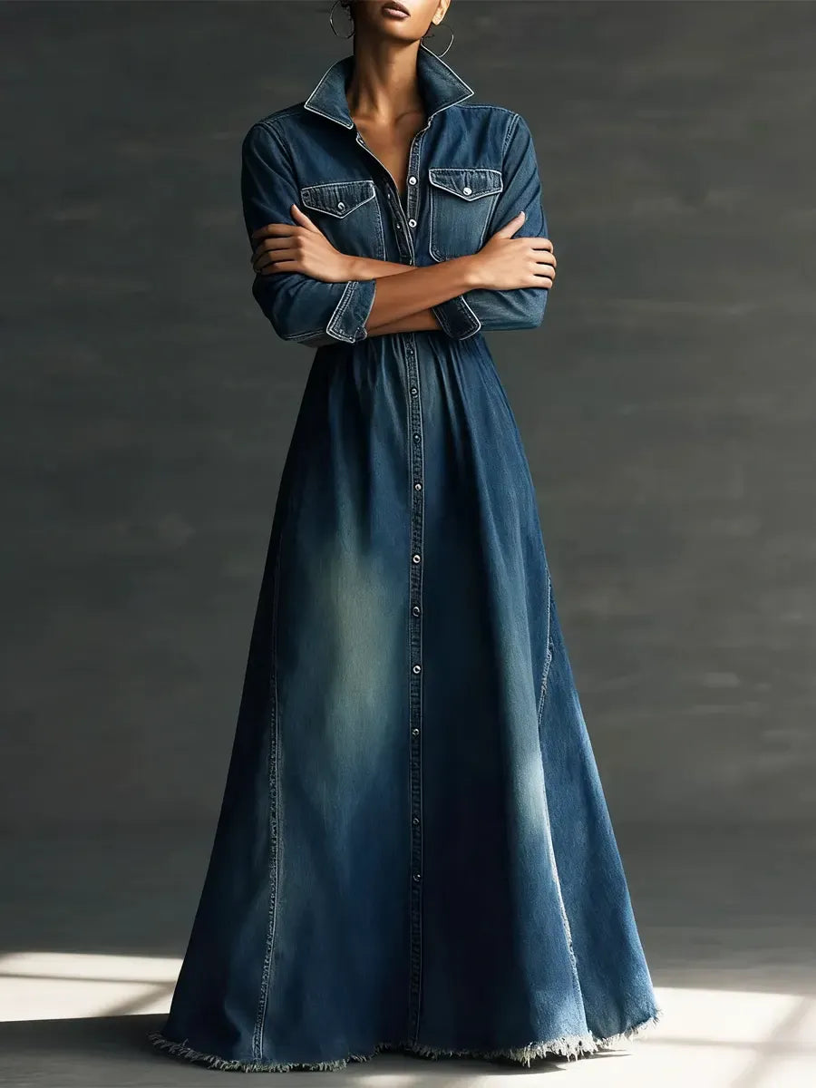 Women Stylish Art Stand Collar Washed Denim Midi Dress
