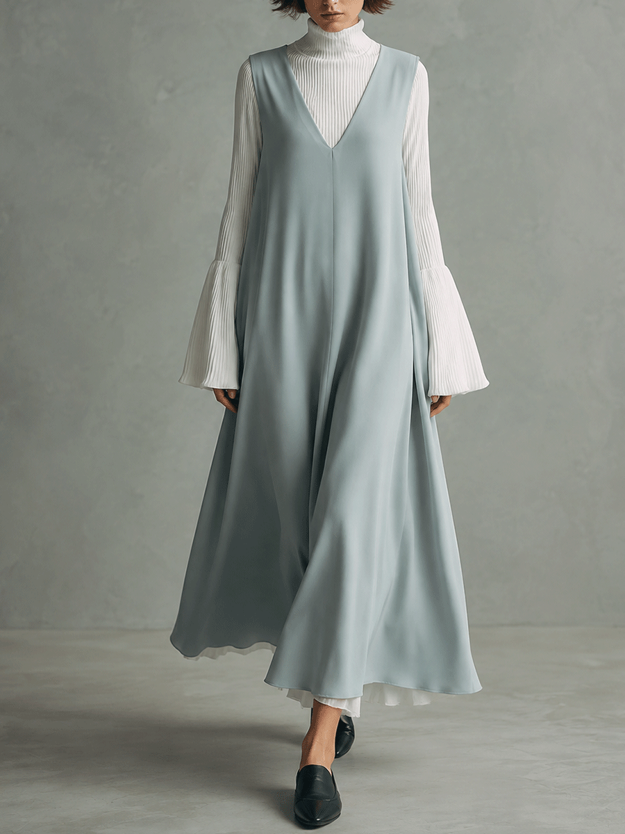 Sleeveless V-Neck Maxi Dress With Layered Turtleneck Top Set