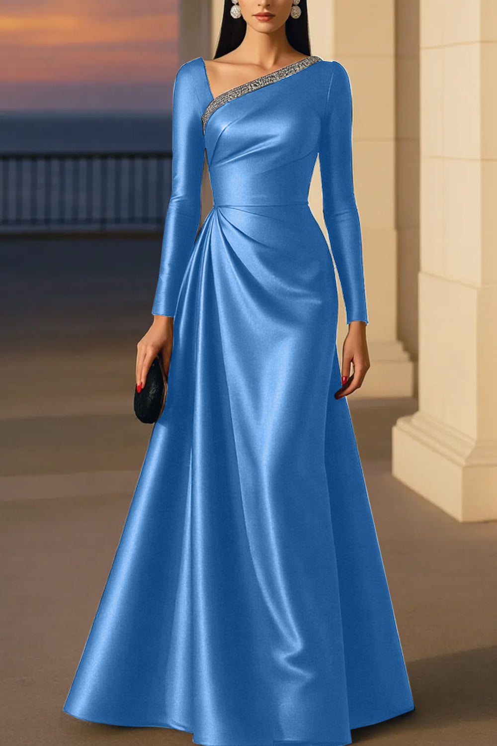 Evening Formal Burgundy Dress Asymmetrical Neck Long Sleeve Maxi Gown