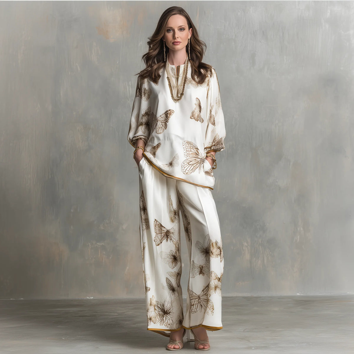 Quiet Luxury Silky Butterfly-Print Drop-Shoulder Tunic & Palazzo Cream Co-Ord Set