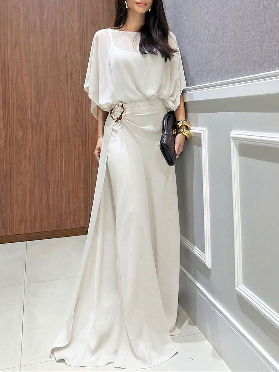 Women's Round-neck 3/4-sleeve Casual Loose Chiffon Top & High-waisted Wide-leg Pants Set