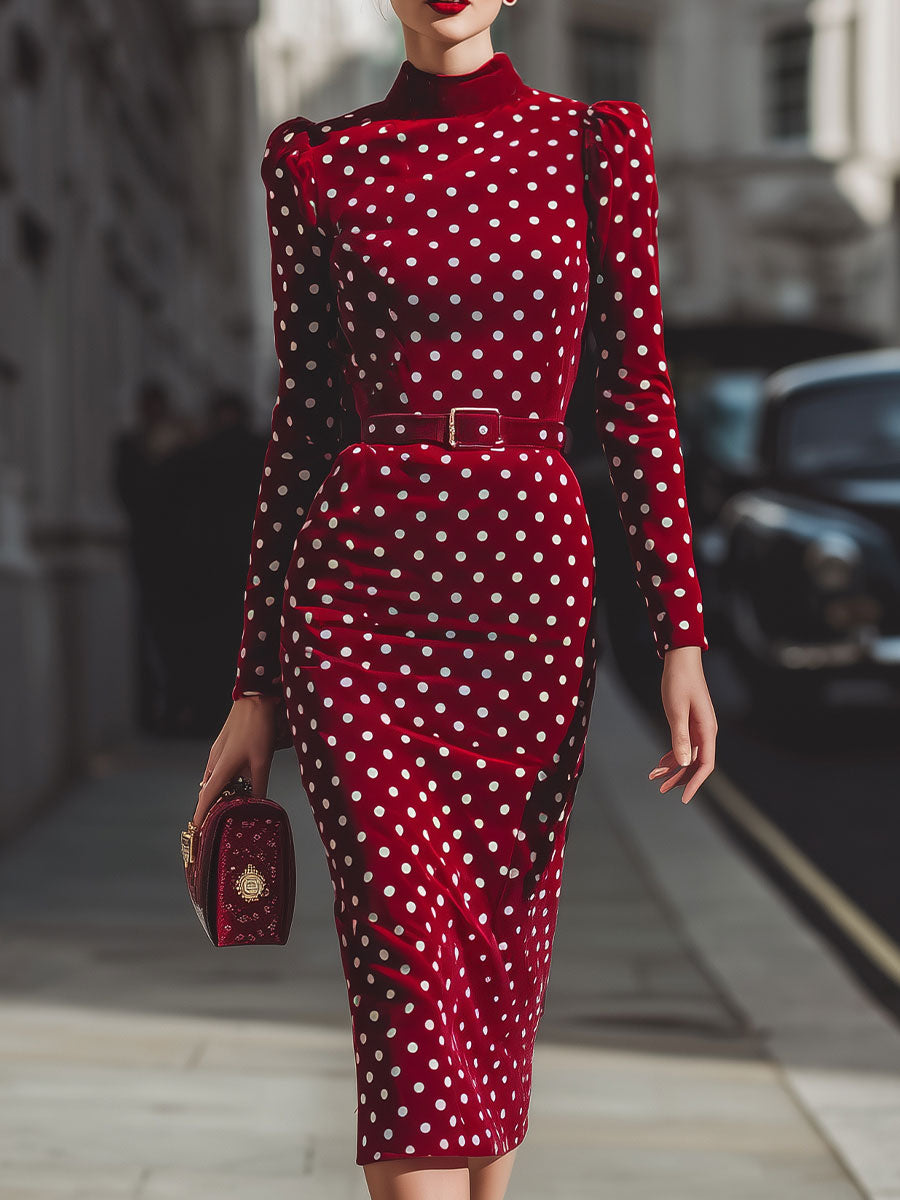 Vintage-Inspired Red Polka Dot Velvet Midi Dress