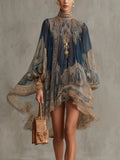 Navy Blue Baroque Print High-neck Irregular Chiffon Mini Dress