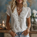 Women's Retro Rose Floral Art V Neck Casual Linen Blend Top