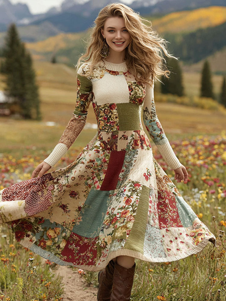 Women's Patchwork Floral Art Cozy Knit Maxi Sweater Dress