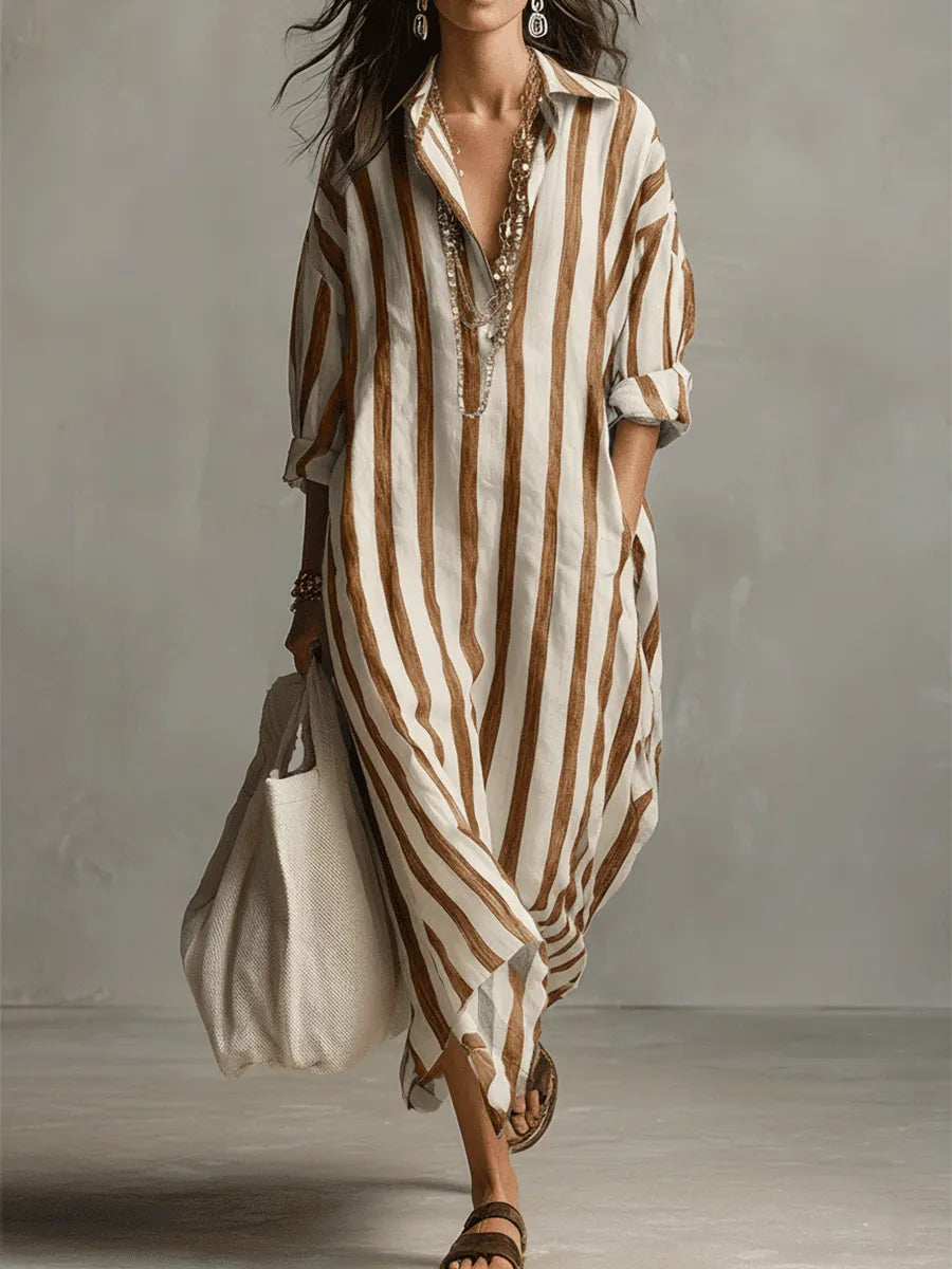 Casual Striped Shirt Bohemian Style Maxi Dress