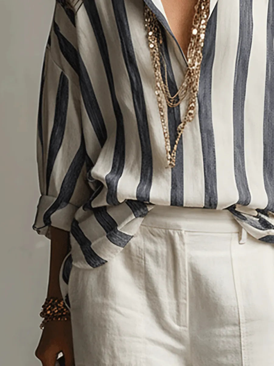 Casual Striped Cotton And Linen Long-Sleeved Shirt