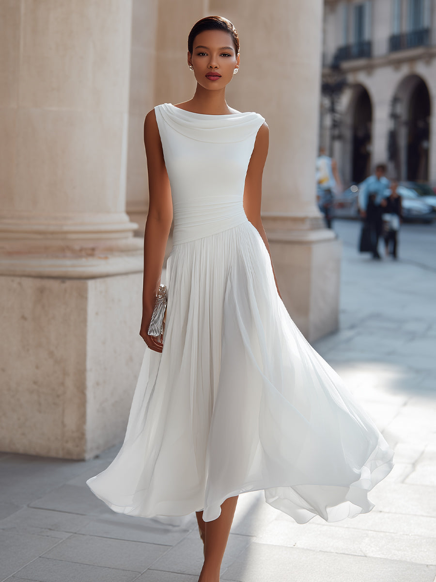 Draped Neck Sleeveless Pleated Midi Dress