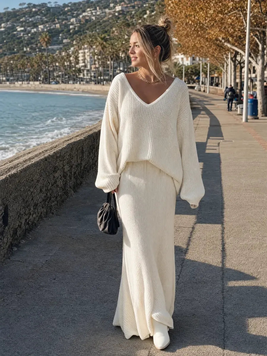 Bohemian White Knit Top And Fishtail Skirt Set