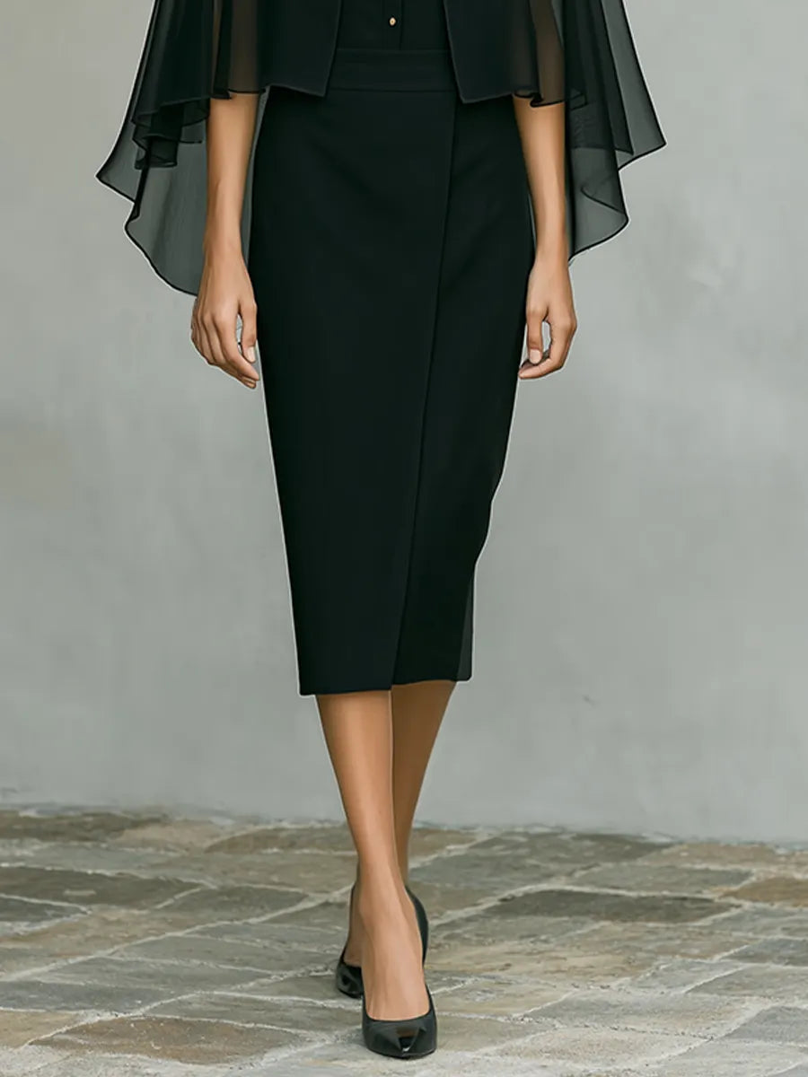 Women's Black Crepe & Chiffon Two-Piece Set With Cape Overlay & Midi Dress, Timeless Formal-Elegant Style Set MDZ1418D7LYL