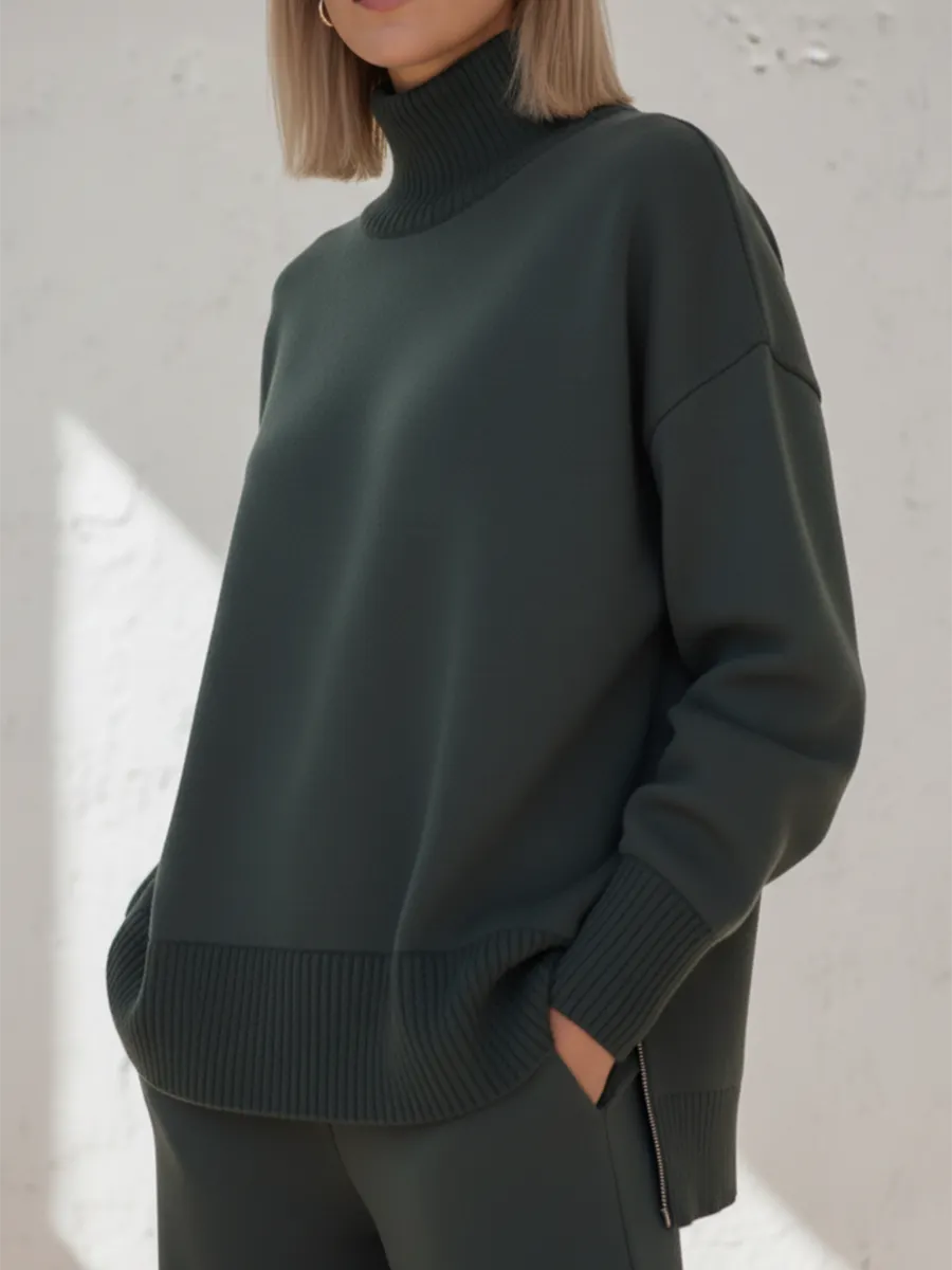 Casual Travel Stand Collar Side Zipper Top Straight Pants Two-Piece Set