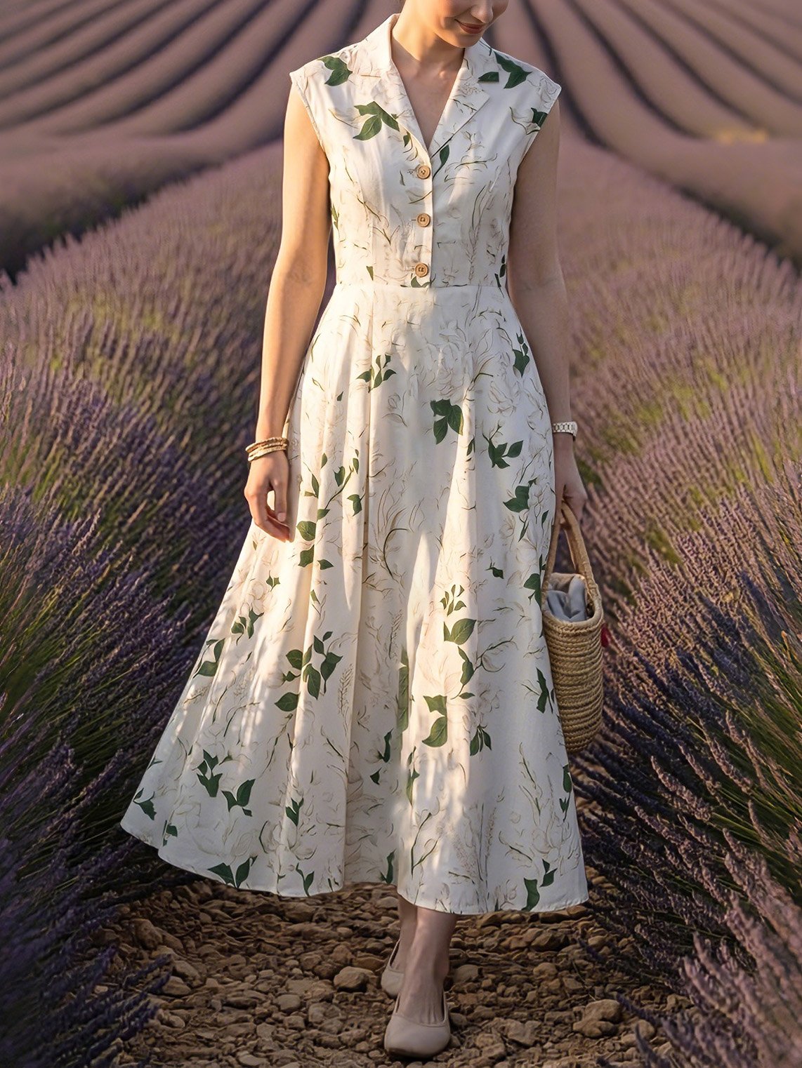 Maxi Cotton Dress, Cap Sleeves, Shawl Collar, Floral, Pocket Design, Vintage, White