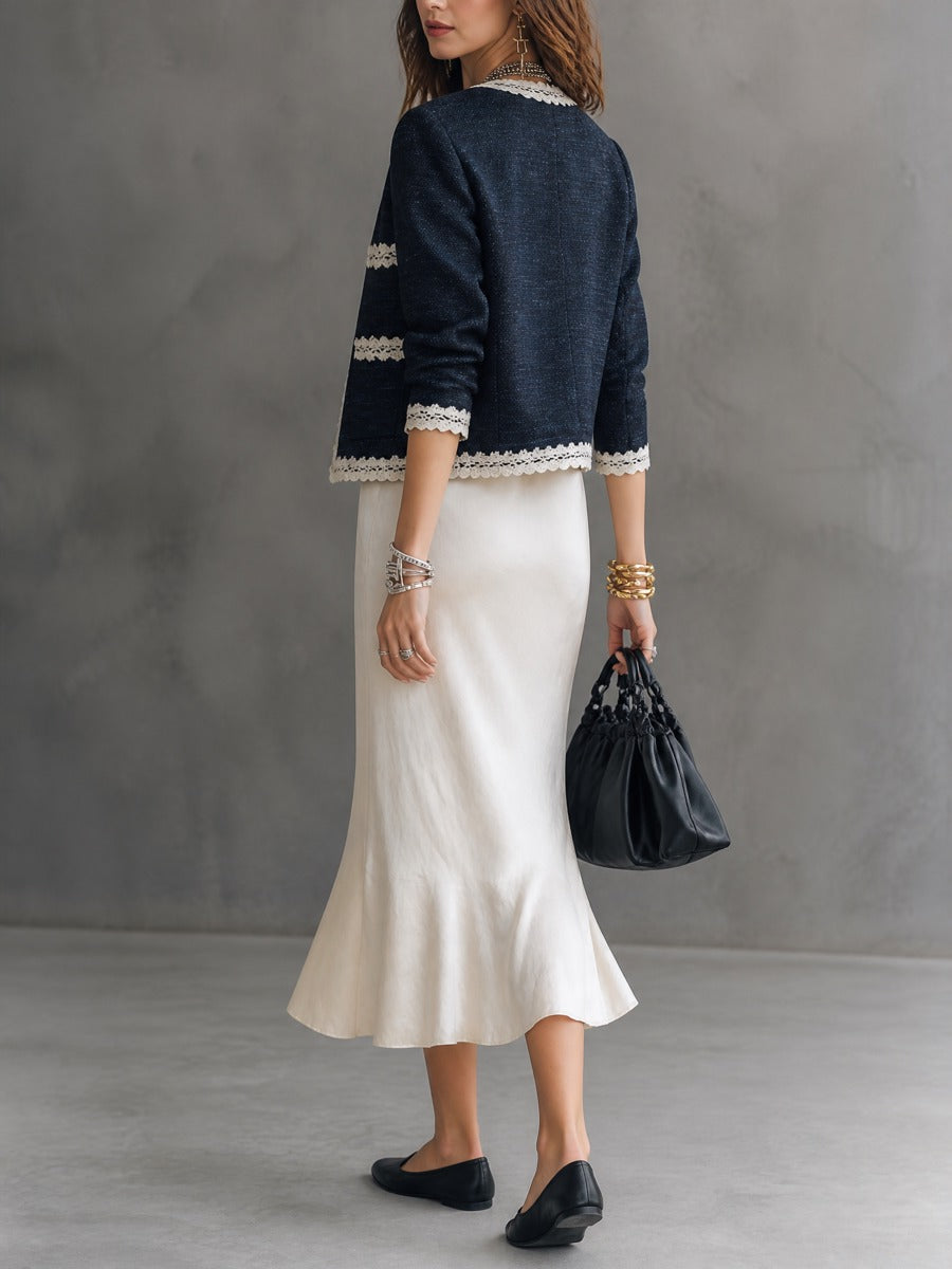 Tweed Lace-Trim Cropped Jacket & Satin Slip Dress Two-Piece Set
