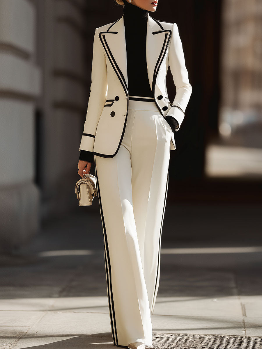 White Contrast - Trim Double - Breasted Suit Set