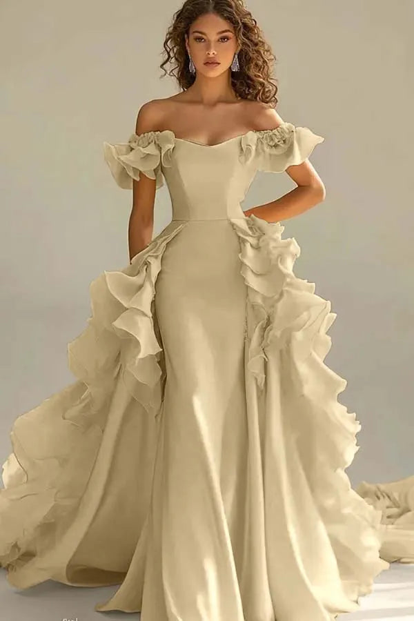 Off the Shoulder Sleeveless Long Mermaid Prom Dress With Ruffles JQ0149