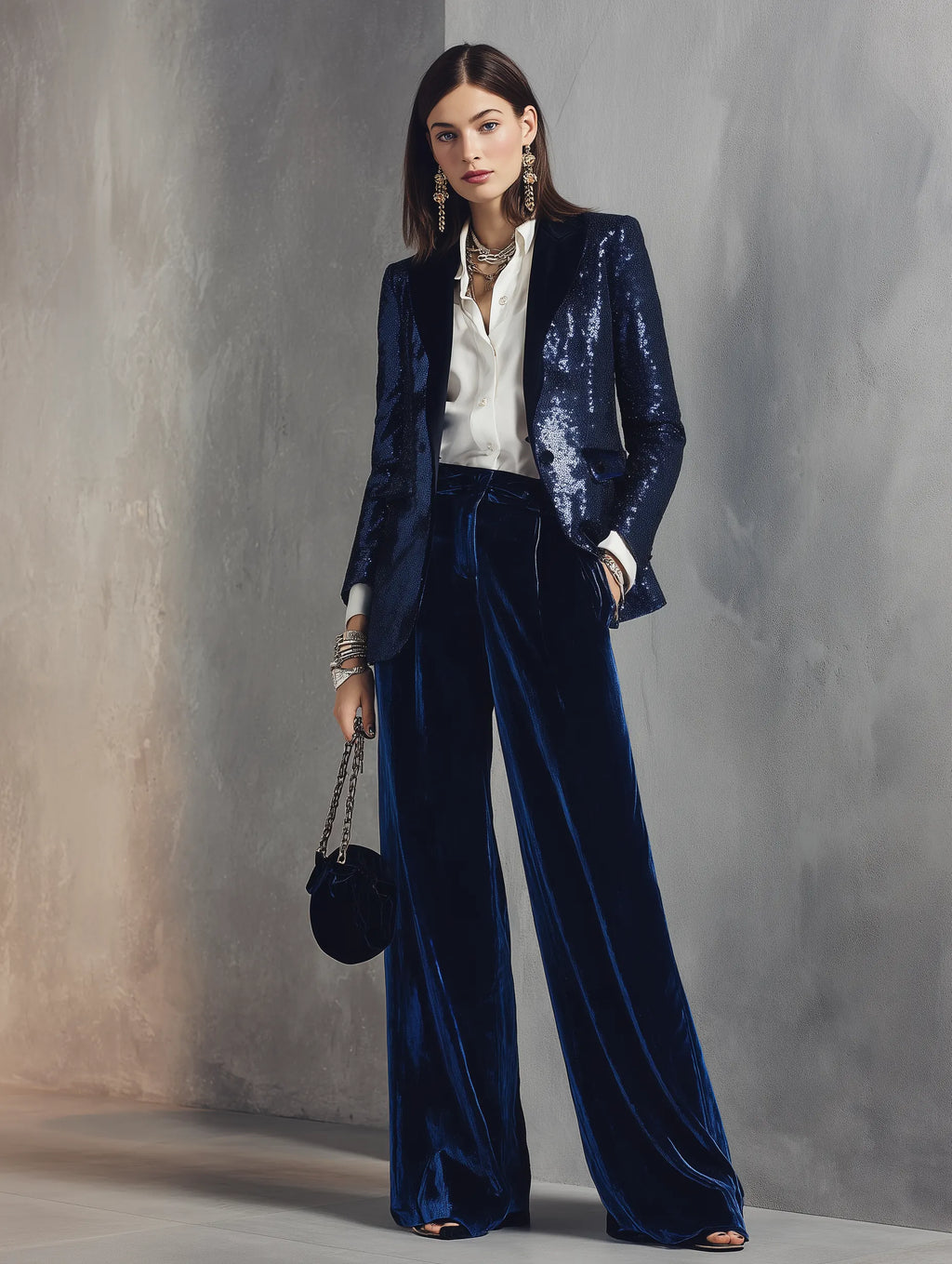 Sequin Blazer & Velvet Wide-Leg Pants Two-Piece Suit Set