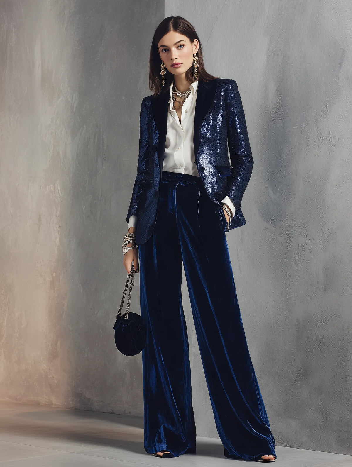 Sequin Blazer & Velvet Wide-Leg Pants Two-Piece Suit Set