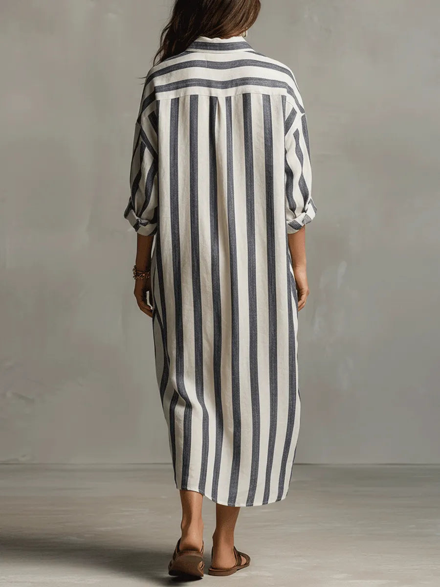 Casual Striped Shirt Bohemian Style Maxi Dress