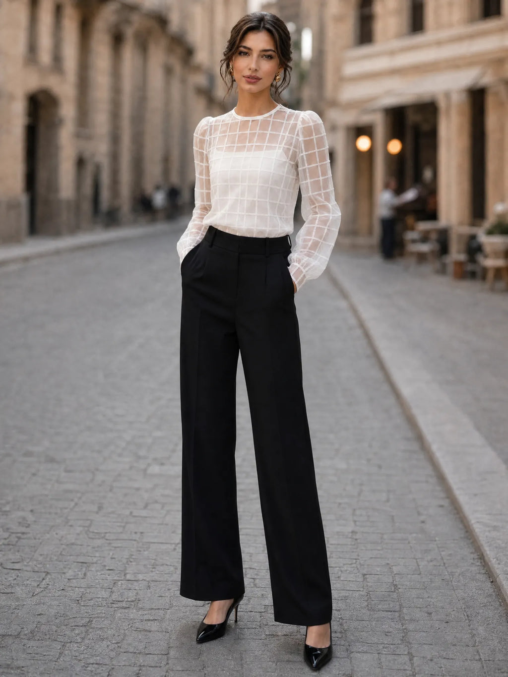 Elegant Sheer Grid Organza Long Sleeve Blouse