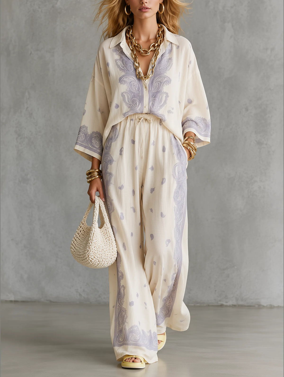 Resort Bohemian Paisley Shirt & Wide Leg Pants Set