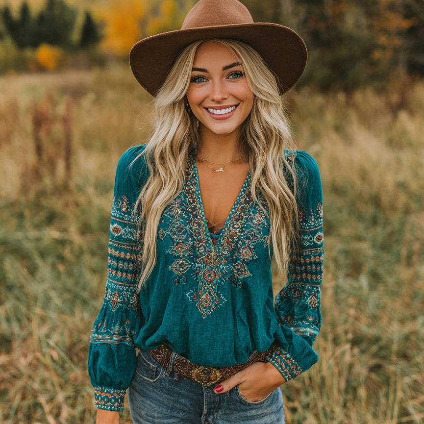 Women's Vintage Western Geometric Print V-neck T-shirt