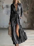 Women's Small Check Multi-color Linen-cotton Blend Long Dress
