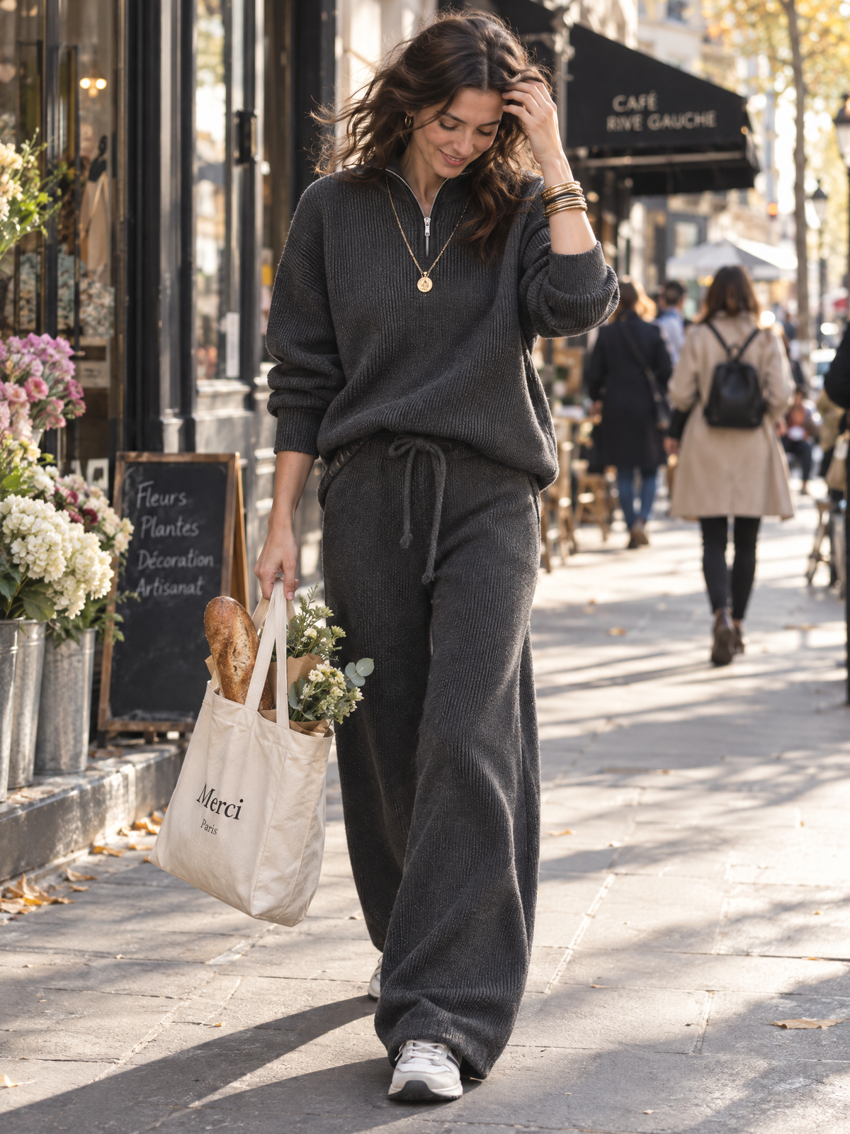 Ribbed Knit Half-Zip Sweater & Wide-Leg Pants Two-Piece Set