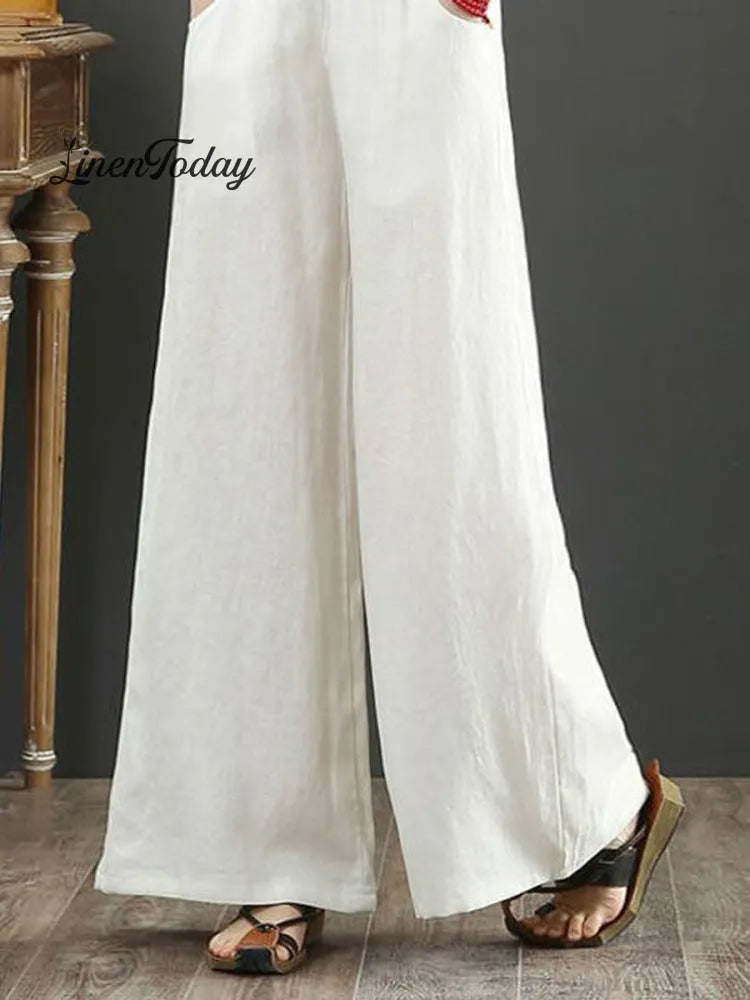 Women's Solid Color Loose Elegant Casual Simple Cotton And Linen Pants