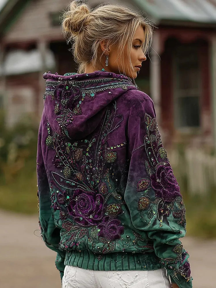 Women's Retro Purple Rose Gradient Pattern Casual Hoodie